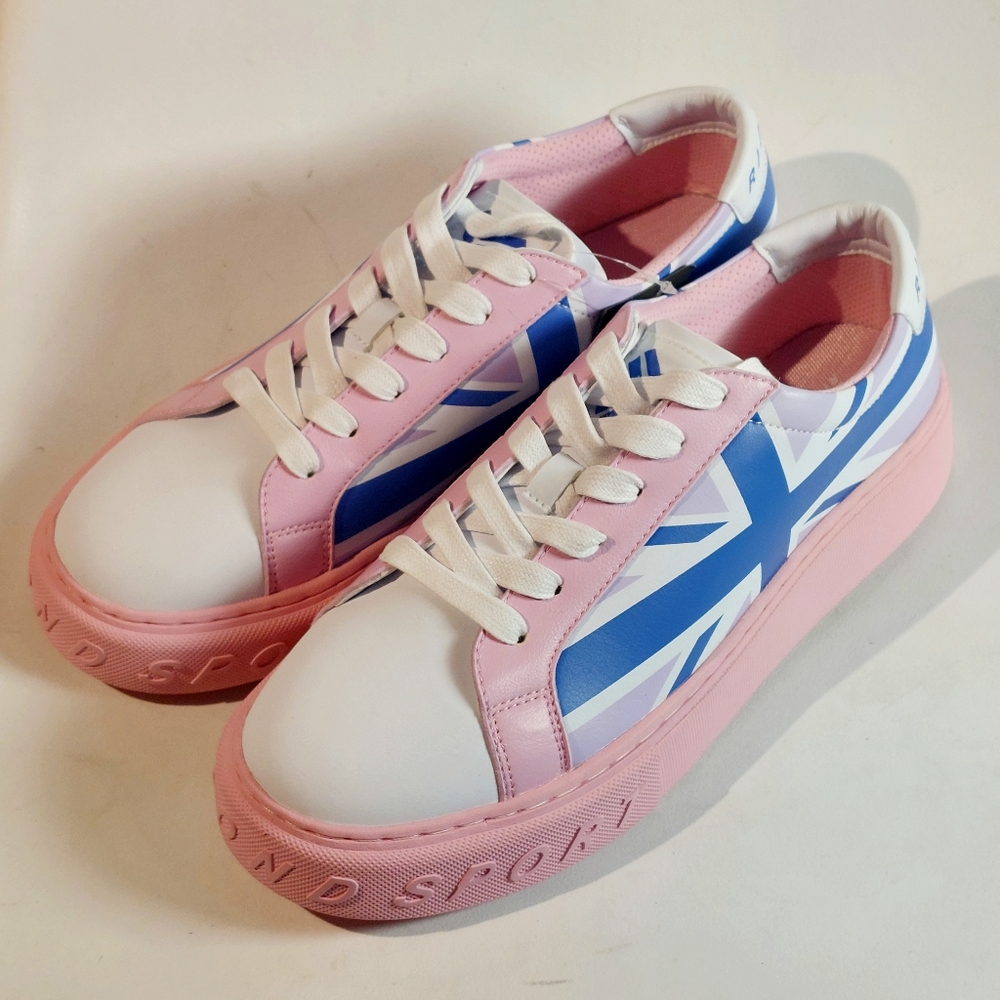 John Richmond pink & blue printed leather union jack sneakers, EU41, NWT, SS23
